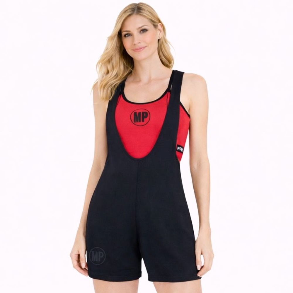 Moda Prima MP 2pc Athletic Set Red Crop Top + Black Racerback Bib Shorts Medium